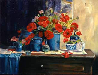 Still life in red and blue | Oil on wood - 5 x 7 inch